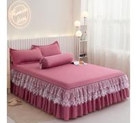 3PCS Cotone Letto Gonna Pizzo Increspato Copriletto Lenzuolo Federa Letto Casa