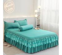 3PCS Cotone Letto Gonna Pizzo Increspato Copriletto Lenzuolo Federa Letto Casa