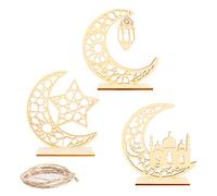 3PCS Eid Mubarak Ornamento in Legno, Ramadan Eid Luce di Notte Decorazioni Legno, Luna Stella Vento Luce Decorazione della Tavola Pendente Appeso per Islamico Musulmano Eid Mubarak