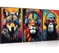 3pcs Gaming Wall Art Animali Graffiti Poster Immagini Con Cuffie Occhiali Da Sole Gorilla Tiger Wolf Cool Gamer Stampe su Tela Colorate Graffiti Dipinti Per Adolescenti Gioco Ragazzi Camera