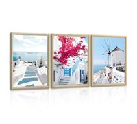 3Pcs Greco Isola Paesaggio Urbano Quadri Moderni Soggiorno Con Cornice, Santorini blu Mar Egeo Stampe Da Parete Campanile Fiore Quadro Moderno Decorazioni per Camera da Letto Studio Ufficio 30X40cmX3