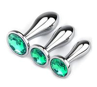 3Pcs Metal Anal Plug Set Unisex Beginner Training Kit Small-Med-Large Silver-Green Jewel-Crystal Accents
