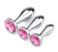 3Pcs Metal Anal Plug Set Unisex Beginner Training Kit Small-Med-Large Silver-Pink Jewel-Crystal Accents