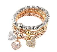 3pcs Moda Donna Strass Amore Cuore Ciondolo bracciali Elastici Braccialetti alla Moda e Popolare Lovely And Attractive