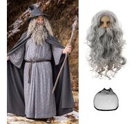 3Pcs Parrucca Uomo Parrucche Lungo Grigio,Moda Uomini Long Riccio Capelli Grey Riccio Parrucca Ragazzo con Barba Cuffia Parrucca per Film Cosplay Halloween Carnevale