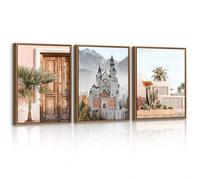 3Pcs Quadri Moderni Nuovo Castello di Pietra del Cigno Stampa Su Tela Con Cornice, Edificio Rosa Quadro Pittura Pianta di Cactus Verde Stampe Da Parete Decor Per Soggiorno Camera da letto 30x40cmx3
