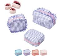 3Pcs Ruffle Pouch Bag,Small Plaid Quilted Makeup Bag Set,Portable Mini Ruffle Cosmetic Toiletry Bags for Travel,Aesthetic Pouch Purse Organizer for Women (Purple)