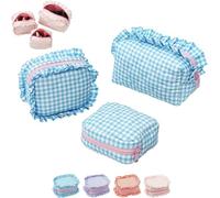 3Pcs Ruffle Pouch Bag,Small Plaid Quilted Makeup Bag Set,Portable Mini Ruffle Cosmetic Toiletry Bags for Travel,Aesthetic Pouch Purse Organizer for Women (Blue)