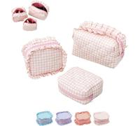 3Pcs Ruffle Pouch Bag,Small Plaid Quilted Makeup Bag Set,Portable Mini Ruffle Cosmetic Toiletry Bags for Travel,Aesthetic Pouch Purse Organizer for Women (Pink)