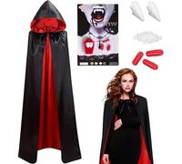 3pcs Set Costume da Vampiro, 140CM/150CM Mantello con Cappuccio, Denti e Sangue Finto, Rosso Nero Raso, Dracula Halloween Adulti