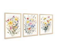 3Pcs Stampa su Tela Con Cornice Bouquet di Fiori Colorati Pittura Quadri su Tela Fiori di Campo Gialli Bianchi Margherite Quadri Moderni Soggiorno Camera da Letto 30x40cm x3pcs (Senza Plexiglass)