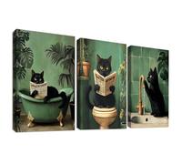 3Pcs Stampa su tela Con Cornice Divertente Gatto Nero Pittura Verdi Gatto Gattino che Legge il Giornale sul Water Quadri su tela Quadri Moderni Bagno Vasca da Bagno WC Decorazioni Murale 40x60cm x3