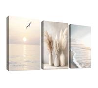 3Pcs Stampa su tela Con Cornice Spiaggia Costiera Onda Marina Pittura Boho Erba di Pampa Oceano Tramonto Quadri su tela Quadri Moderni Quadretti da Parete Camera da Letto Soggiorno 50x70cm x3pcs