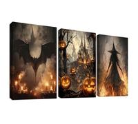 3Pcs Stampa su tela Con Cornice Zucche di Halloween Castello Spettrale Pittura Pipistrello nero Strega nel fuoco Quadri su tela Quadri Moderni Soggiorno Bar Corridoio Decorazioni Murale 30x40cm x3pcs