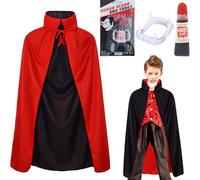 3Pcs Vampire Costume Kids Set, 120 cm di mantello da vampiro per Halloween con denti da vampiro e sangue finto, 9-12 anni mantello nero rosso da vampiro, mantello da dracula, costume di Halloween