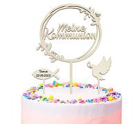 3Pz Cake Topper per Torta Comunione Topper Cupcake Scritte Tedesche Meine Kommunion Piccione Pesce Legno Decorazioni Torta Comunione Battesimo Festa Compleanno Casa (A)