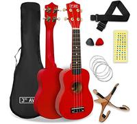 3rd Avenue Pacchetto beginner con ukulele soprano da 21 pollici 3rd Avenue - Custodia, stand, tracolla, corde, plettri e adesivi per tasti - Rosso