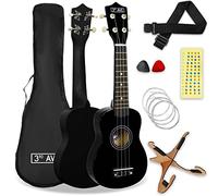 3rd Avenue Pacchetto beginner con ukulele soprano da 21 pollici 3rd Avenue - Custodia, stand, tracolla, corde, plettri e adesivi per tasti - Nero