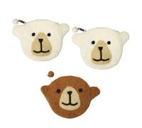 3set donna uomo orso polare portafogli lana feltro fatti a mano, mini portamonete animale divertente di cartone animato carino borsellini portatile per chiave ID con cerniera pon pon(2white+brown)