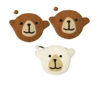 3set donna uomo orso polare portafogli lana feltro fatti a mano, mini portamonete animale divertente di cartone animato carino borsellini portatile per chiave ID con cerniera pon pon(2brown+white)