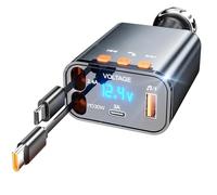 3T6B Adattatore 5 in 1 per auto retrattile, caricabatteria da auto con trasmettitore Bluetooth 5.3 FM, 2 cavi retrattili e caricatore rapido USB PD per auto, telefoni, Galaxy