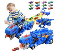 3T6B Dinosauro Trasporto Camion Auto Giocattolo per bambini con 12 Mini Auto, 3 in1 Pieghevole Portatile Pista Giocattolo per i bambini di età 3-8 anni e oltre