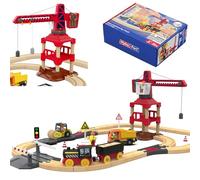 3T6B Ferrovia in legno Set 58 pezzi, ferroviari in legno e Trenes Eléctricos de Juguete, gru a torre magnetiche, rotazione a 360 gradi, per tutte le grandi marche, giocattoli per bambini dai 3+