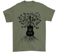 3Tees Maglietta da uomo per chitarra acustica con radici dell'albero della chitarra chitarrista, 100% cotone, Verde militare, L