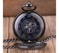 3UOOWWFA Orologio da tasca classico scheletro blu numeri romani quadrante meccanico orologio da tasca a carica manuale catena per uomo