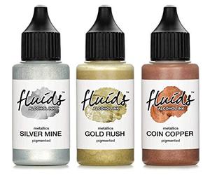 3x 30 ml Octopus Fluids Alcohol Ink Set GOLD RUSH, SILVER MINE, COIN COPPER, inchiostro ad alcool per Fluid Art, argilla polimerica e Resin Art, resina epossidica