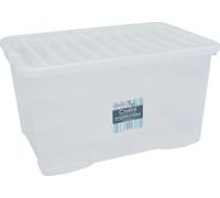 3x 60L stackable and nestable clear Plastic Storage Boxes with Lids. Clear, Deep, Strong, Made in the UK dimensions of 60 cm X 40 cm X 33 cm