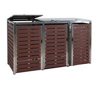 3x copribidoni box spazzatura rifiuti HWC-K14 85x200x120cm acciaio inox WPC marrone
