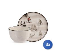 3x H&H Confezione 2 tazze thè con piatto Retro Skier cc 200 in stoneware