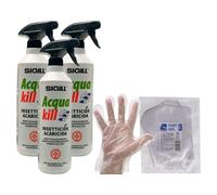 3X Insetticida Acaricida ACQUA KILL, Liquido Microincapsulato. Pronto All'Uso a Largo Spettro D'Azione e Lunga Persistenza 750ml + 100pz Guanti HDPE Monouso