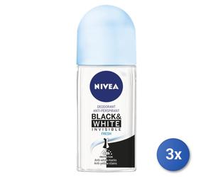 3x Nivea Black & White Invisible Fresh Roll-On 50 Ml