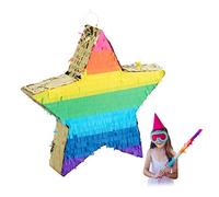 3x Pignatte a Forma di Stella, Pentolacce da Riempire, Bambini e Adulti, Arcobaleno, da Appendere, Multicolore Dorata