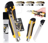 3x Taglierino Cutter Professionale 18 mm Taglierina per Moquette Pacchi Cartone Cutter Lama A Coltello In Metallo Pellicole Universale Tagli Precisione Autobloccante Con 33x Lama