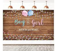 3x2.4m Sfondo gender reveal Legno pavimento Boy or Girl rosa o blu puntini palloncino fotografia sfondo sesso rivelazione partito torta decorazioni da tavolo banner Photo Booth oggetti di scena