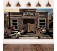 3x2.4m Sfondo Western Cowboy Vintage West Saloon Casa di legno Fienile Porta Retro Cavallo Ruota Paese Fotografia Sfondo Baby Shower Occidentale Compleanno Party Decorazioni Banner Photo Booth Props