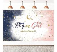 3x2m Sfondo gender reveal acquerello blu o rosa Boy or Girl What Will Baby Be Piccola stella Luna Fotografia sfondo Rivelazione genere Partito torta decorazioni da tavolo Banner Photo Booth Props