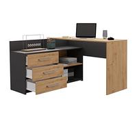 3xEliving - Scrivania angolare con 3 cassetti a L, 51 x 130 x 76 cm, colore: Antracite/Rovere Artigianale, scrivania seduta in piedi