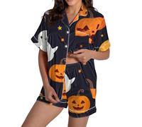 3xl Pigiama da donna plus size pigiama casual Halloween grafica stampata raso carino pigiameria bottoni manica corta top pantaloncini set pigiama di seta Halloween pigiama set per le donne, Nero , L