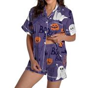 3xl Pigiama da donna plus size pigiama casual Halloween grafica stampata raso carino pigiameria bottoni manica corta top pantaloncini set pigiama di seta Halloween pigiama set per le donne, Viola, L