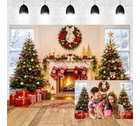 4,5x3m Buon Natale sfondo con camino e vista invernale dalla finestra | Xiaoterna Decorazioni per feste Paese delle meraviglie invernali Sfondo fotografico con albero nella foresta innevata