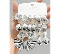 4/6/16 pezzi Set di orecchini alla moda in tono argento per donne, include fiori per orecchio sinistro e destro, fiori a cinque petali, a goccia, a cuore, a forma di C piccola, eleganti e di stile, ad