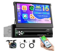 [4+64GB] Hikity Android 1 Din Autoradio con GPS WiFi, Wireless Carplay Android Auto Bluetooth, 7 Pollici Manualmente Flip Out Schermo Autoradio con Controllo del Volante, FM RDS, Retrocamera