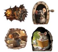 4 adesivi da parete 3D - illusioni animali: buco del mouse, gatti, scene di Natale, decorazione per la casa rimovibile per pareti e scale - topo dei cartoni animati