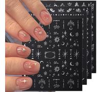 4 adesivi per unghie in metallo argentato, per donna, stelle, luna, sole, farfalla, argento lucido adesivo per accessori per unghie