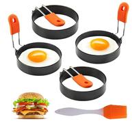 4 Anello per Uova Fritte, 4 Pollici Stampo Pancake in Acciaio Inox, Stampi Antiaderenti per Uova Fritte,con Manici Pieghevoli in Silicone e Pennello per Olio, per Uova Fritte, Pancake, Omelette