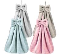 4 asciugamani Bowknot Hanging Hand Dry in microfibra coral Velvet con anello appeso, assorbenti, morbidi e carini, per cucina, bagno, bambini, adulti